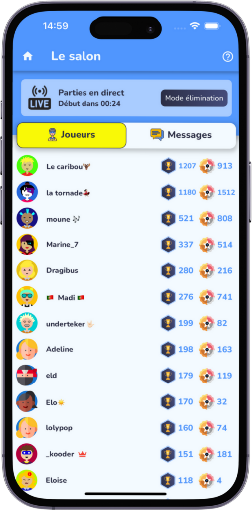 Classement des joueur sur l'appli de Blind Test Mukiz