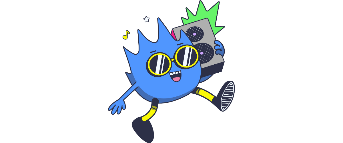 Personnage bleu stylisé avec des lunettes et une enceinte, en train de courir en écoutant de la musique, mascotte de jeu de musique