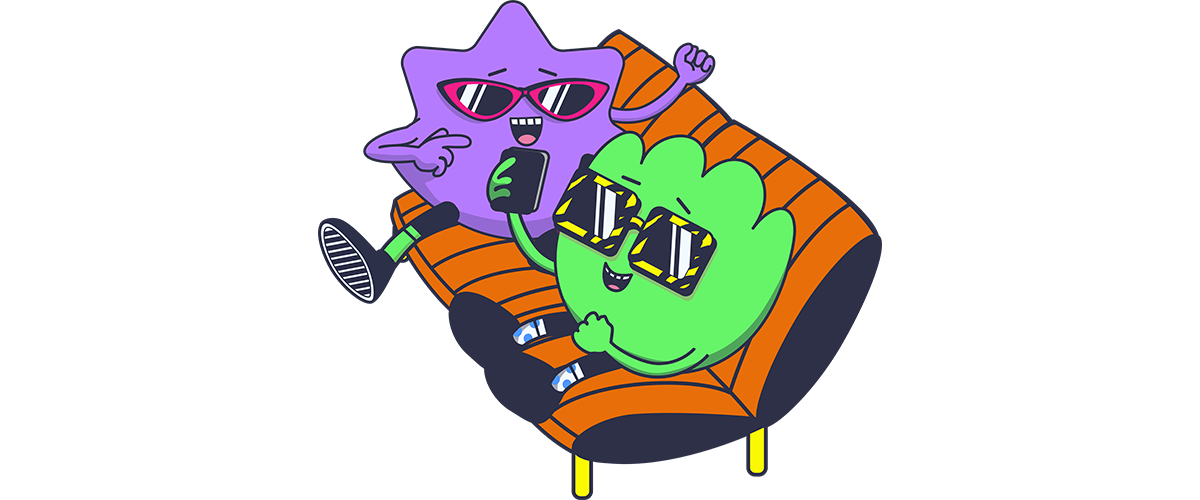 Dos personajes animados con gafas disfrutan juntos de un juego de adivinar canciones en el móvil, sentados en un banco con entusiasmo.