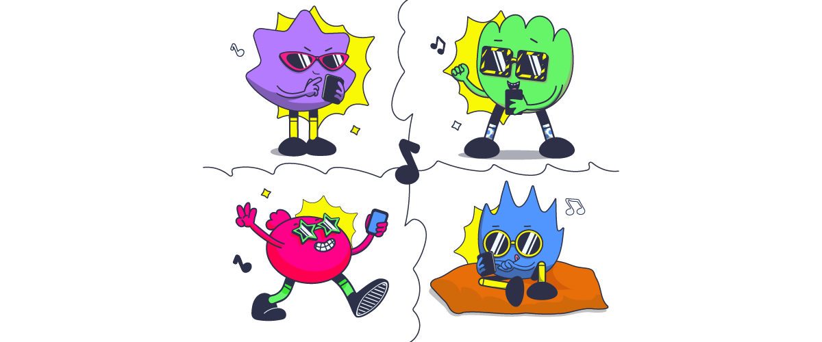 Mascotas de Mukiz jugando desde el móvil a juegos de adivinanzas musicales