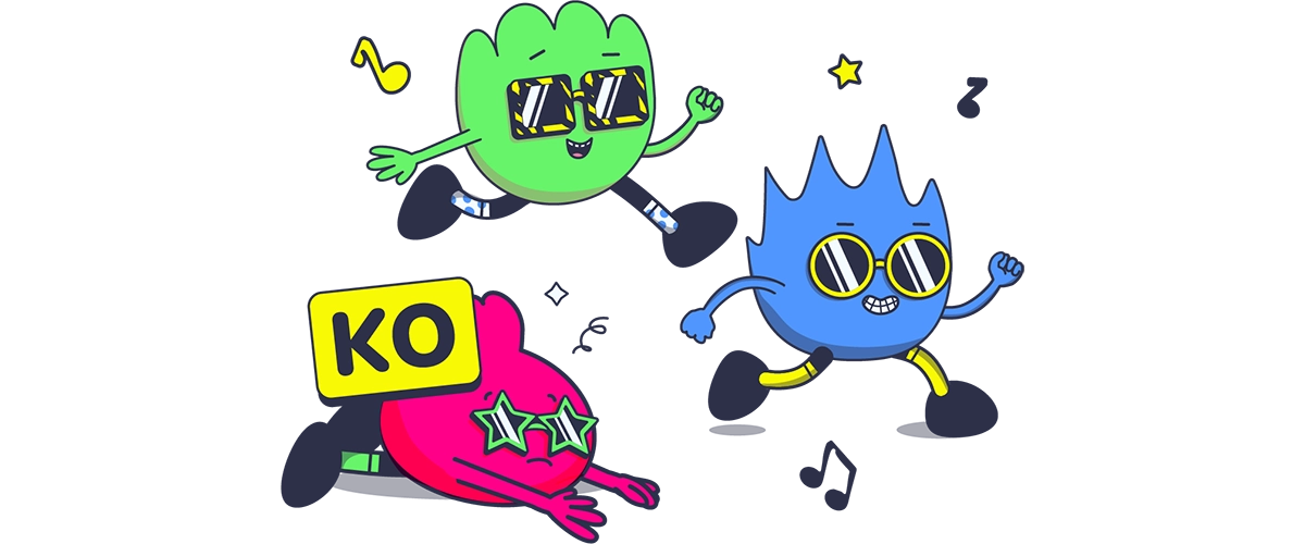 Trois mascottes colorées de Mukiz en train de courir et danser, avec une mascotte rose au sol portant une pancarte KO