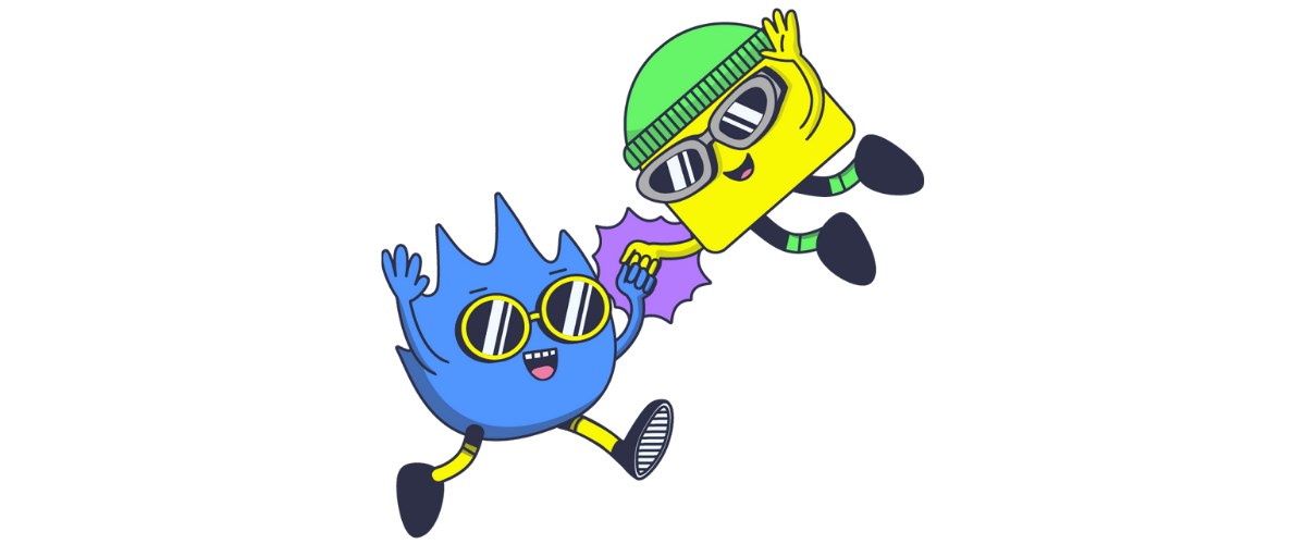 Mascotte bleue et jaune qui se font un check de la main