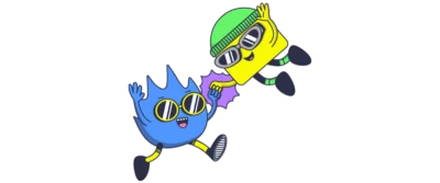 Mascotte bleue et jaune qui se font un check de la main